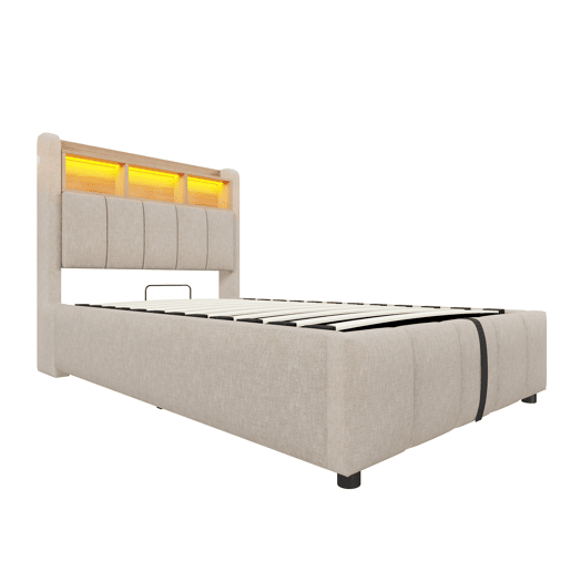 Cama individual 90*200 cm - Com iluminação LED, porta USB, cabeceira com prateleiras e arrumação, arrumação hidráulica - Linho bege Cama individual 90*200 cm - Com iluminação LED, porta USB, cabeceira com prateleiras e arrumação, arrumação hidráulica - Linho bege