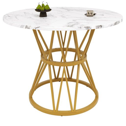 Mesa redonda 100x100 cm - Mesa de cozinha, mesa de café para 4 pessoas, pernas de metal, tampo em MDF com acabamento em mármore - Dourado