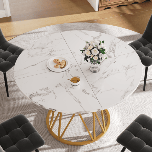 Mesa redonda 100x100 cm - Mesa de cozinha, mesa de café para 4 pessoas, pernas de metal, tampo em MDF com acabamento em mármore - Dourado