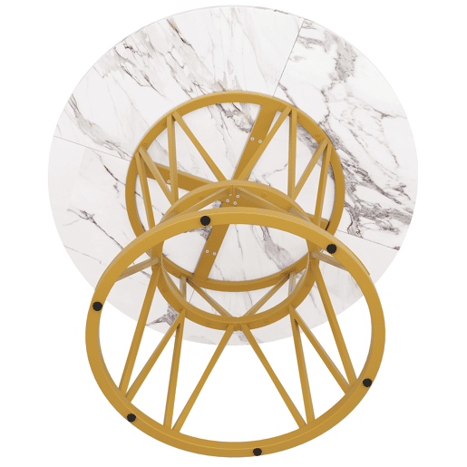 Mesa redonda 100x100 cm - Mesa de cozinha, mesa de café para 4 pessoas, pernas de metal, tampo em MDF com acabamento em mármore - Dourado