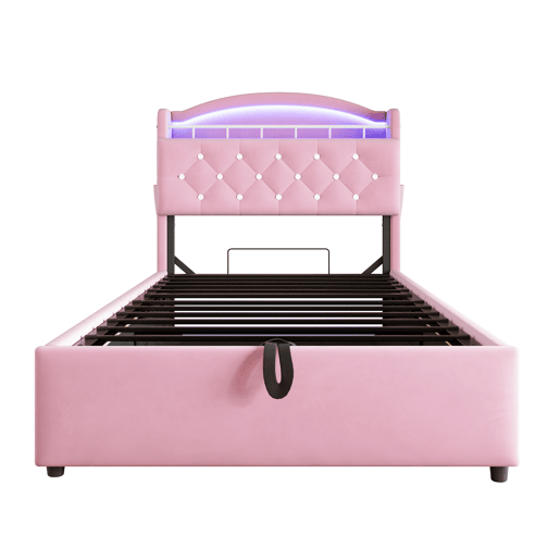 Cama infantil 90x200 - Cama multifuncional com arrumação, LED e porta USB - Rosa