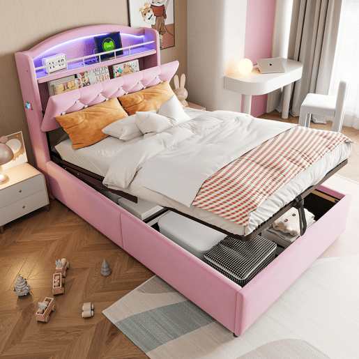 Cama infantil 90x200 - Cama multifuncional com arrumação, LED e porta USB - Rosa