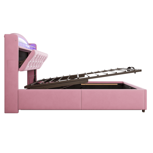 Cama infantil 90x200 - Cama multifuncional com arrumação, LED e porta USB - Rosa