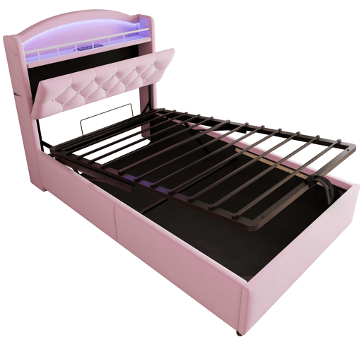 Cama infantil 90x200 - Cama multifuncional com arrumação, LED e porta USB - Rosa
