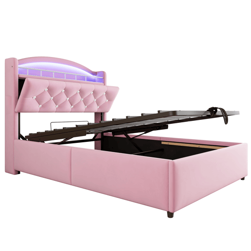 Cama infantil 90x200 - Cama multifuncional com arrumação, LED e porta USB - Rosa