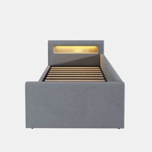 Cama infantil 90x200 cm - Com luz LED, luz noturna, porta USB, com prateleira, com armazenamento hidráulico, cama individual, para meninos e meninas, tecido de veludo - Cinza claro