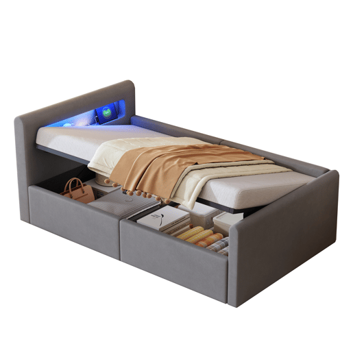 Cama infantil 90x200 cm - Com luz LED, luz noturna, porta USB, com prateleira, com armazenamento hidráulico, cama individual, para meninos e meninas, tecido de veludo - Cinza claro