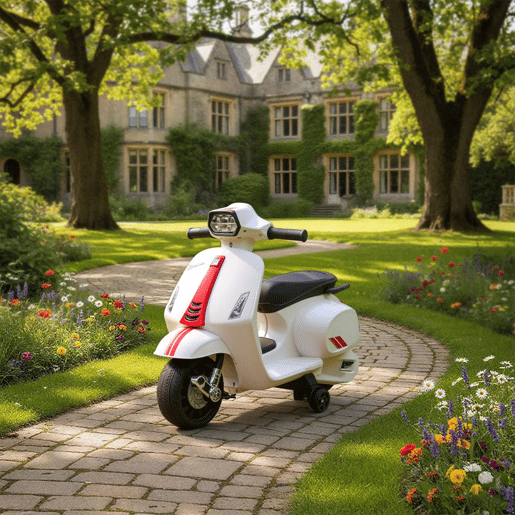 AIYAPLAY Moto Elétrica Infantil 6V com Licença Vespa, Motocicleta Elétrica com Rodas de Apoio de 6,9'', Velocidade de 2,5kmh, Farol e Buzina, para Crianças de 2-4 Anos, Branco