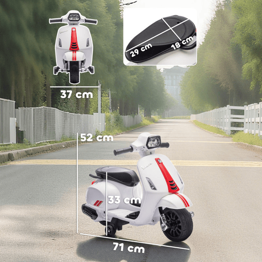 AIYAPLAY Moto Elétrica Infantil 6V com Licença Vespa, Motocicleta Elétrica com Rodas de Apoio de 6,9'', Velocidade de 2,5kmh, Farol e Buzina, para Crianças de 2-4 Anos, Branco