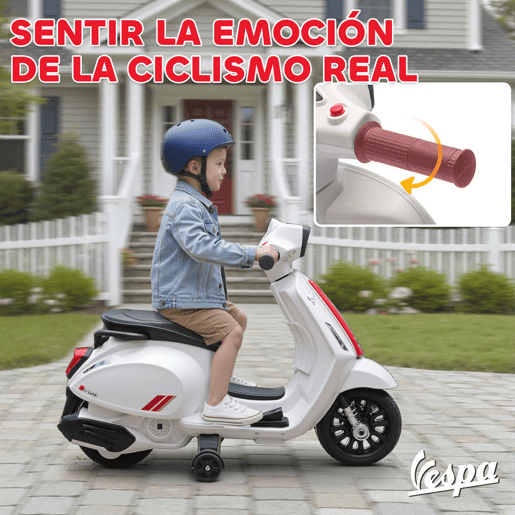 AIYAPLAY Moto Elétrica Infantil 6V com Licença Vespa, Motocicleta Elétrica com Rodas de Apoio de 6,9'', Velocidade de 2,5kmh, Farol e Buzina, para Crianças de 2-4 Anos, Branco