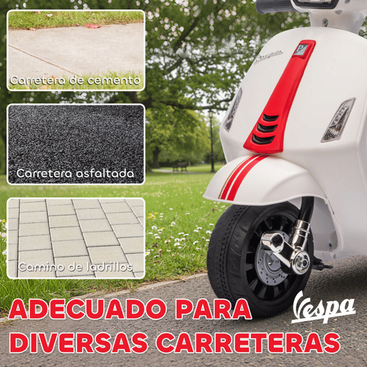 AIYAPLAY Moto Elétrica Infantil 6V com Licença Vespa, Motocicleta Elétrica com Rodas de Apoio de 6,9'', Velocidade de 2,5kmh, Farol e Buzina, para Crianças de 2-4 Anos, Branco