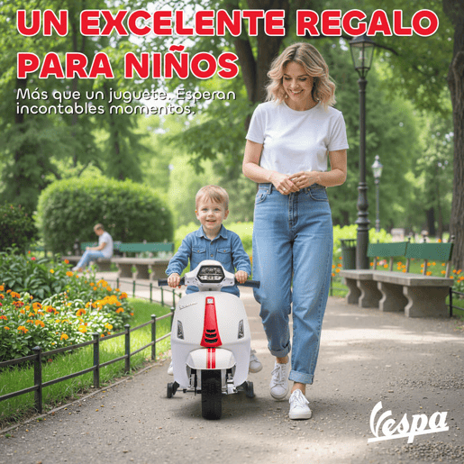 AIYAPLAY Moto Elétrica Infantil 6V com Licença Vespa, Motocicleta Elétrica com Rodas de Apoio de 6,9'', Velocidade de 2,5kmh, Farol e Buzina, para Crianças de 2-4 Anos, Branco