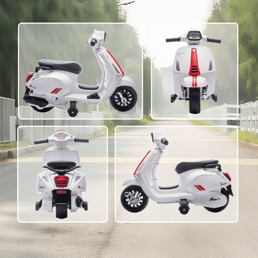AIYAPLAY Moto Elétrica Infantil 6V com Licença Vespa, Motocicleta Elétrica com Rodas de Apoio de 6,9'', Velocidade de 2,5kmh, Farol e Buzina, para Crianças de 2-4 Anos, Branco