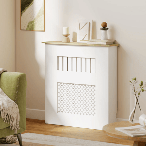 HOMCOM Cobertura para Radiadores Proteção Radiador de MDF 78x19x81 cm Cobertura de Radiador Desenho Moderno de Ripas e Colmeia para Sala Quarto Branco