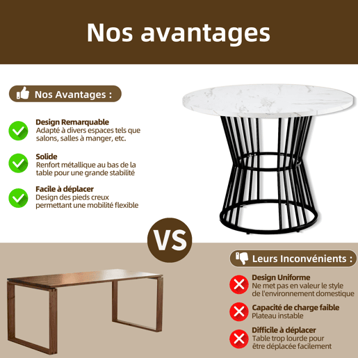 Mesa de jantar 1 peça - Mesa de cozinha com estrutura metálica, estilo moderno com acabamento em mármore - Preto
