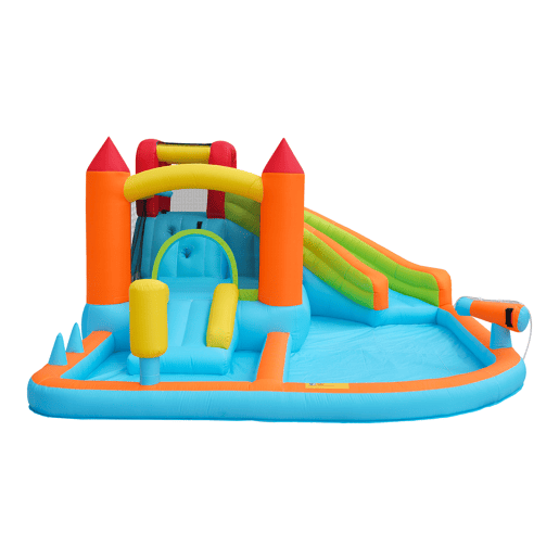 Castelo insuflável com 2 piscinas - Com ventilador, escorrega aquático + trampolim + aro de basquetebol + pistola de água, uso seco e molhado