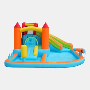 Castelo insuflável com 2 piscinas - Com ventilador, escorrega aquático + trampolim + aro de basquetebol + pistola de água, uso seco e molhado