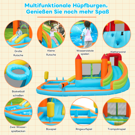 Castelo insuflável com 2 piscinas - Com ventilador, escorrega aquático + trampolim + aro de basquetebol + pistola de água, uso seco e molhado