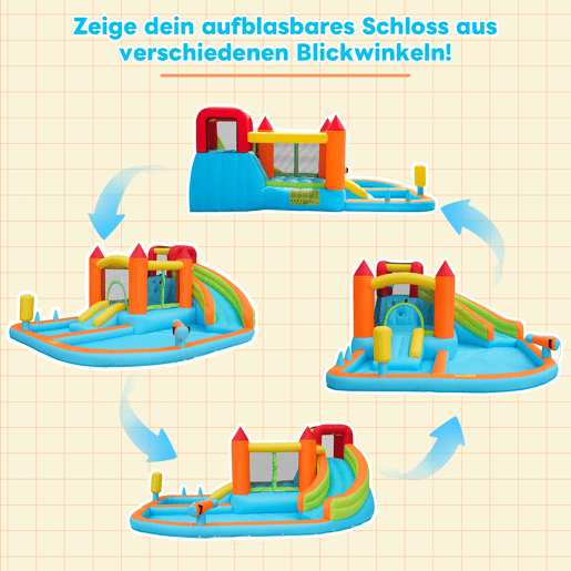 Castelo insuflável com 2 piscinas - Com ventilador, escorrega aquático + trampolim + aro de basquetebol + pistola de água, uso seco e molhado
