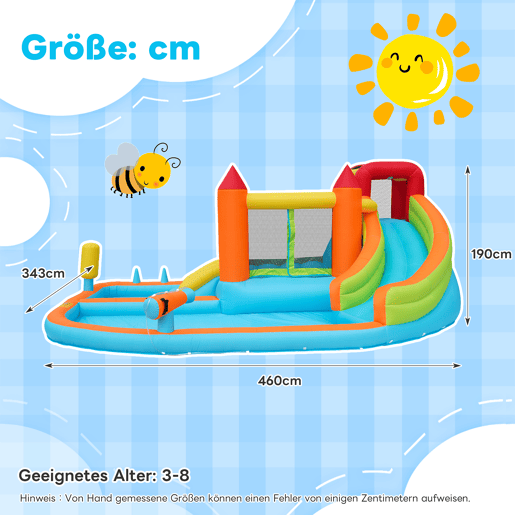 Castelo insuflável com 2 piscinas - Com ventilador, escorrega aquático + trampolim + aro de basquetebol + pistola de água, uso seco e molhado