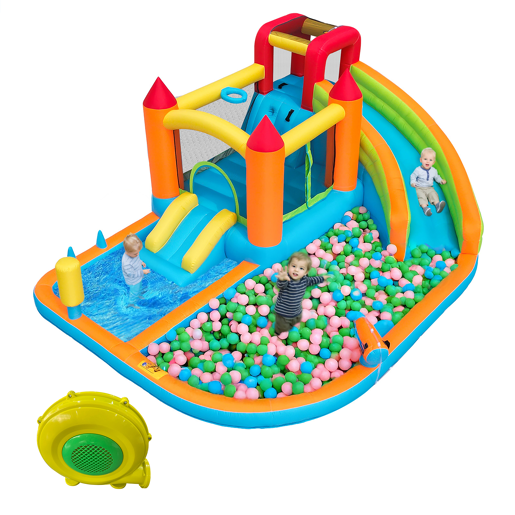 Castelo insuflável com 2 piscinas - Com ventilador, escorrega aquático + trampolim + aro de basquetebol + pistola de água, uso seco e molhado