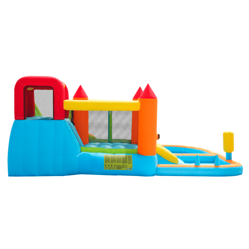 Castelo insuflável com 2 piscinas - Com ventilador, escorrega aquático + trampolim + aro de basquetebol + pistola de água, uso seco e molhado
