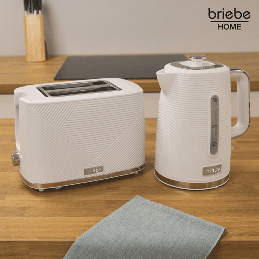 Briebe SKT1170WHT Elegance Conjunto de Torradeira de Pão com Fenda Larga, 2 Fatias + Chaleira Elétrica 1,7L sem Fio, sem BPA, 2200, Branco