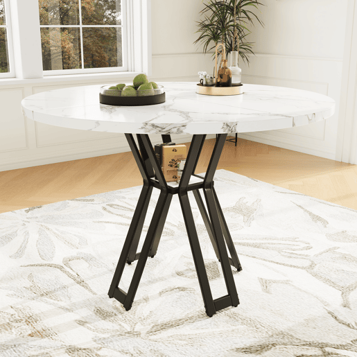 Mesa redonda 100x100 cm - Mesa elegante para 4-6 pessoas, com pernas pretas e tampo em MDF marmorizado