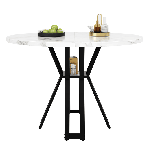 Mesa redonda 100x100 cm - Mesa elegante para 4-6 pessoas, com pernas pretas e tampo em MDF marmorizado