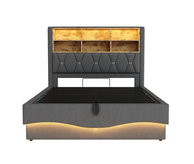 Cama tapizada 140x200 cm - con almacenamiento hidráulico, luz led controlada por app, puerto usb, somier de metal - gris