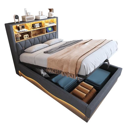 Cama estofada 140x200 cm - Com armazenamento hidráulico, luz LED controlada por APP, porta USB, base de metal - Cinza