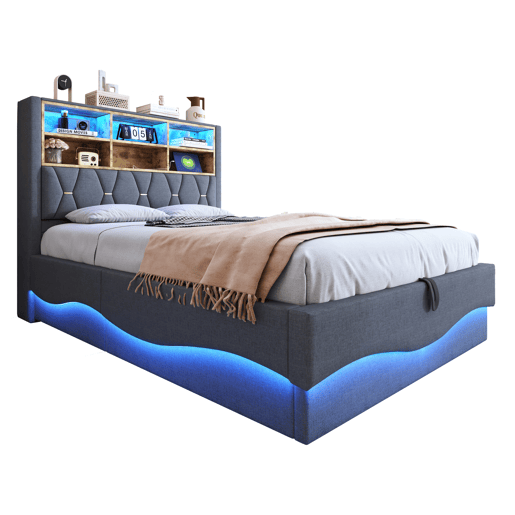 Cama estofada 140x200 cm - Com armazenamento hidráulico, luz LED controlada por APP, porta USB, base de metal - Cinza
