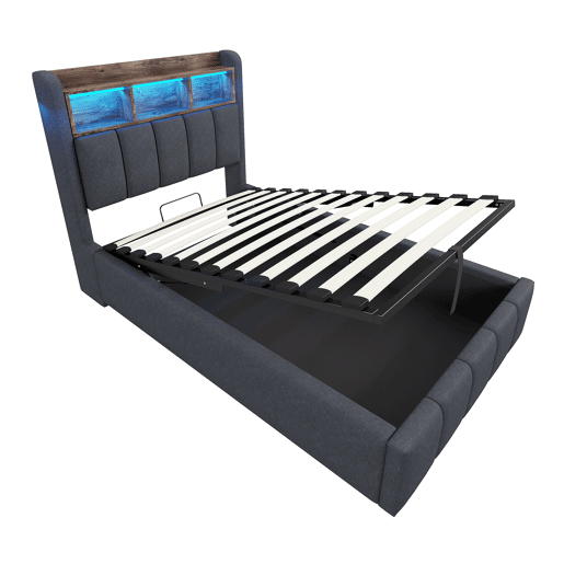 Cama individual 90*200 cm - Com iluminação LED e porta USB, cabeceira com prateleiras e arrumação, com arrumação hidráulica - Cinza linho