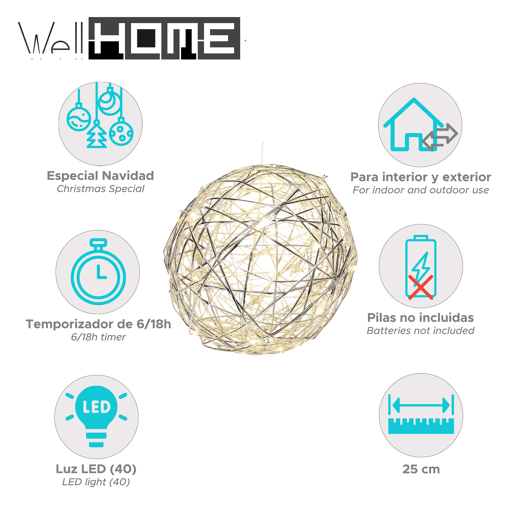 Bola de Natal luminosa Well Home com 40 luzes LED quentes