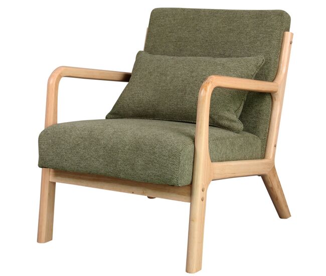 Sillón de tela verde y madera natural