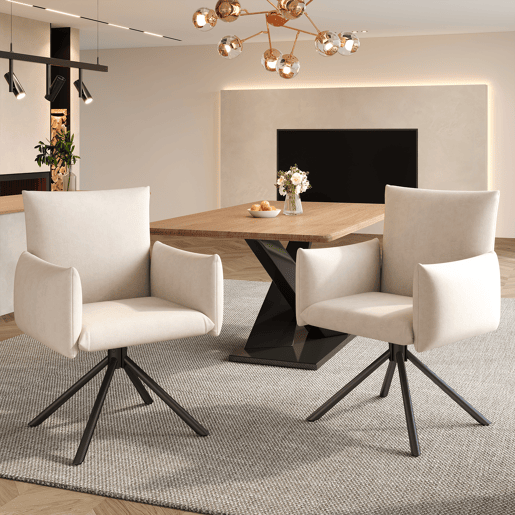 Cadeira de jantar 2er Set - Cadeira almofadada com 4 pernas metálicas, giratória 360°, com apoio lombar - Bege