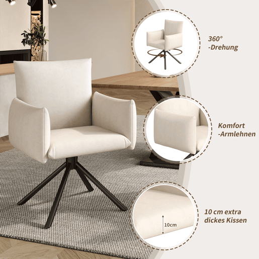 Cadeira de jantar 2er Set - Cadeira almofadada com 4 pernas metálicas, giratória 360°, com apoio lombar - Bege