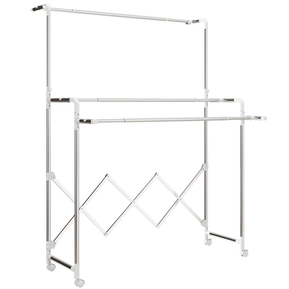 Homcom tendedero vertical plegable de 3 niveles con 4 ruedas, tendedero de acero inoxidable con 3 barras ajustables y extensibles, para interior, plata