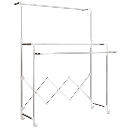 HOMCOM Estendal Vertical Dobrável de 3 Níveis com 4 Rodas, Estendal de Aço Inoxidável com 3 Barras Ajustáveis e Extensíveis, para Interior, Prateado