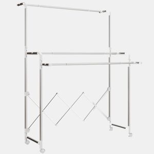 HOMCOM Estendal Vertical Dobrável de 3 Níveis com 4 Rodas, Estendal de Aço Inoxidável com 3 Barras Ajustáveis e Extensíveis, para Interior, Prateado