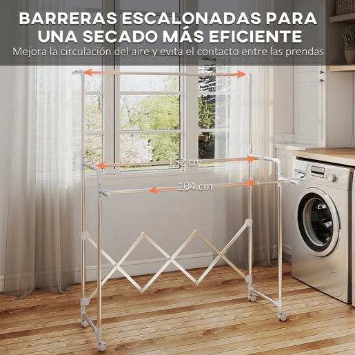 HOMCOM Estendal Vertical Dobrável de 3 Níveis com 4 Rodas, Estendal de Aço Inoxidável com 3 Barras Ajustáveis e Extensíveis, para Interior, Prateado