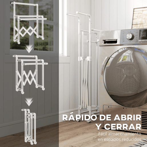HOMCOM Estendal Vertical Dobrável de 3 Níveis com 4 Rodas, Estendal de Aço Inoxidável com 3 Barras Ajustáveis e Extensíveis, para Interior, Prateado