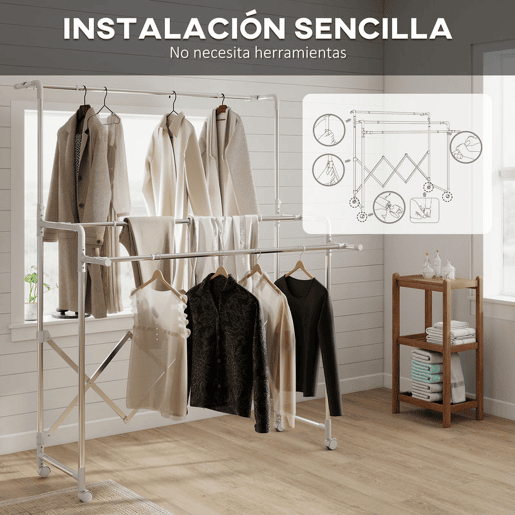 HOMCOM Estendal Vertical Dobrável de 3 Níveis com 4 Rodas, Estendal de Aço Inoxidável com 3 Barras Ajustáveis e Extensíveis, para Interior, Prateado
