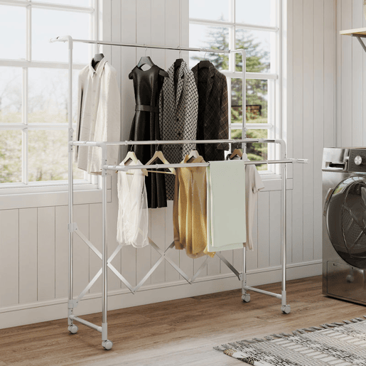 HOMCOM Estendal Vertical Dobrável de 3 Níveis com 4 Rodas, Estendal de Aço Inoxidável com 3 Barras Ajustáveis e Extensíveis, para Interior, Prateado