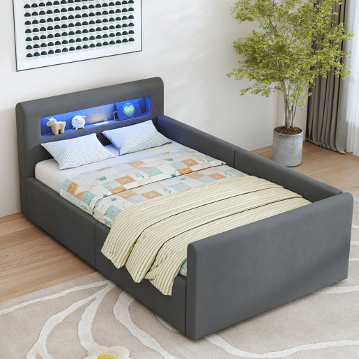 Cama infantil 90x200 cm - Com LED, luz noturna, porta USB, prateleira, armazenamento hidráulico, cama individual, para meninos e meninas, tecido de veludo - Cinza escuro