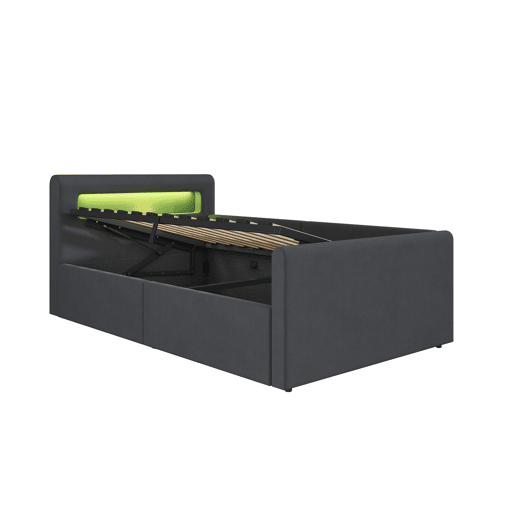 Cama infantil 90x200 cm - Com LED, luz noturna, porta USB, prateleira, armazenamento hidráulico, cama individual, para meninos e meninas, tecido de veludo - Cinza escuro