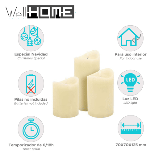 Conjunto de 3 velas LED com efeito gelatina e vários tamanhos