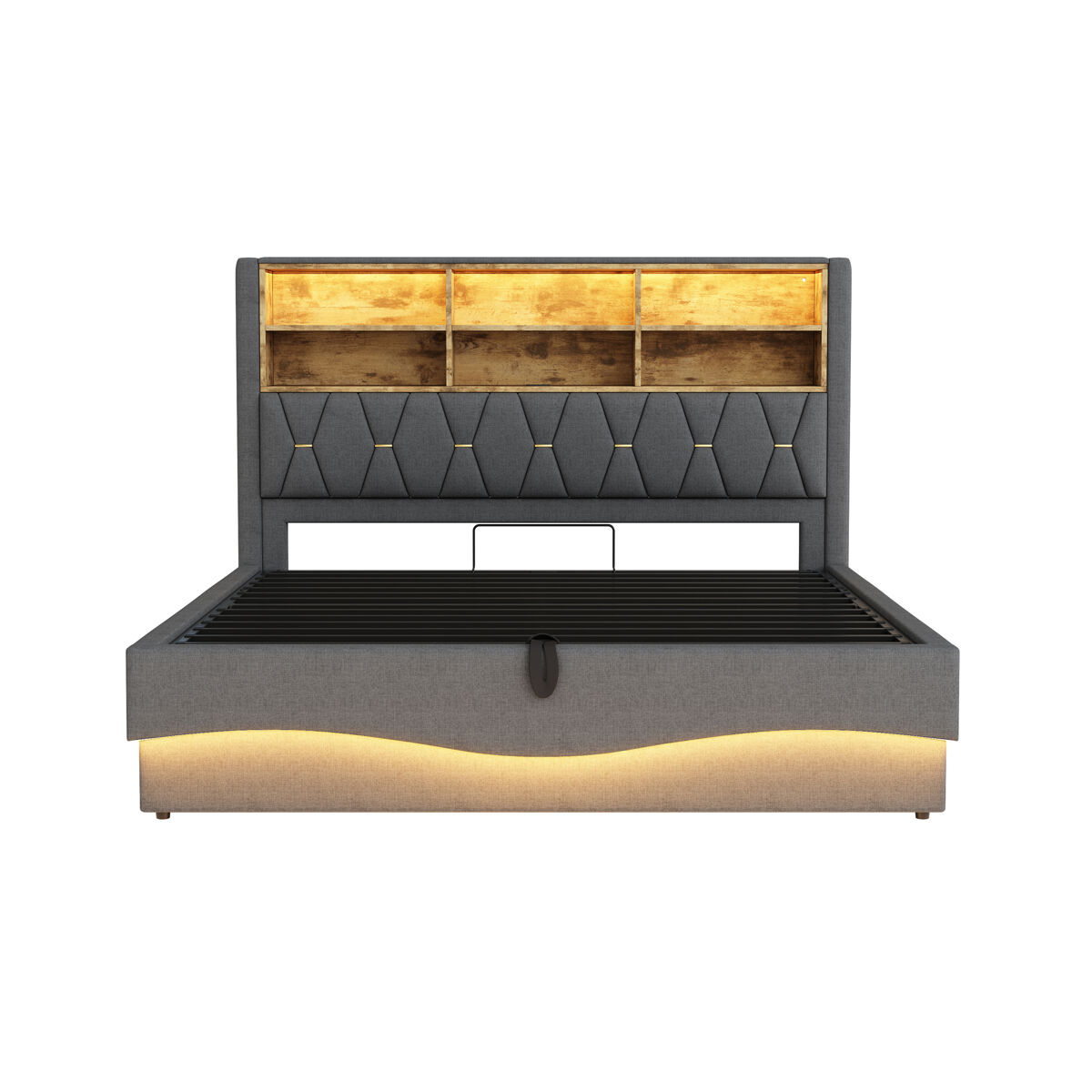 Cama tapizada 180x200 - con espacio de almacenamiento hidráulico, banda de luz led controlada por app, puerto usb, somier de metal - gris