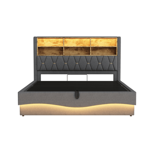 Cama estofada 180x200 - Com espaço de armazenamento hidráulico, faixa de luz LED controlada por APP, porta USB, base de metal - Cinza