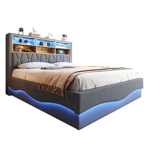 Cama estofada 180x200 - Com espaço de armazenamento hidráulico, faixa de luz LED controlada por APP, porta USB, base de metal - Cinza